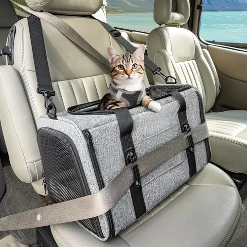 Vista 15 de PETSFIT Transportador de gatos de lados suaves con hebillas de seguridad patentadas, cremalleras bloqueables y correa de seguridad, transportador