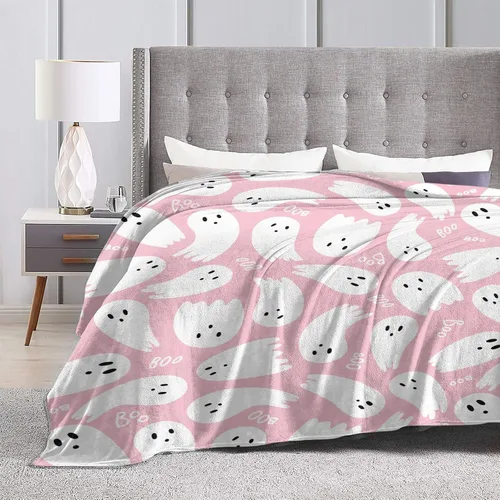 Vista 4 de Manta rosa de fantasmas de Halloween, manta de franela ligera y suave y mullida para cama, sofá, sala de estar, automóvil, viajes, mascotas, 40 x 30