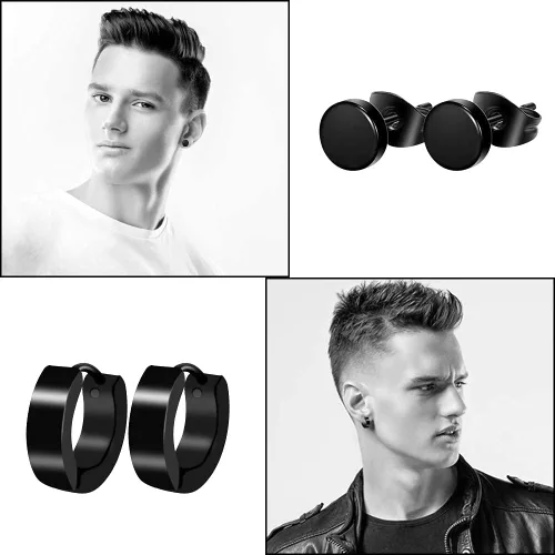 Vista 5 de ONESING 10-15 pares de aretes para hombre, aretes negros de acero inoxidable para hombres y mujeres, juego de aretes de piercing para hombre, Acero