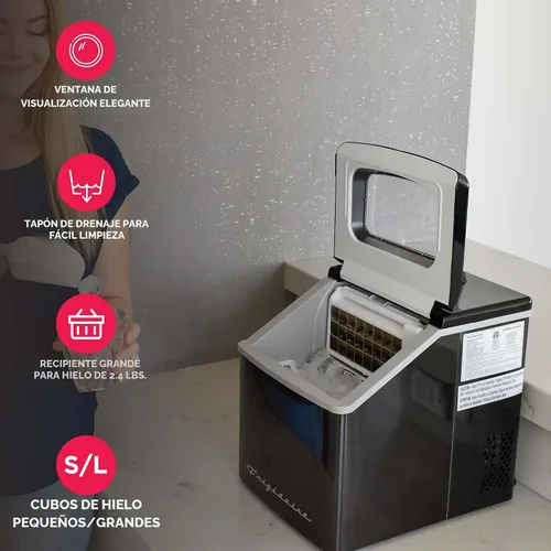 Vista 4 de Frigidaire Máquina de hielo EFIC452, máquina de hielo de acero inoxidable para encimera con ventana transparente, máquina de cubitos de hielo Negro