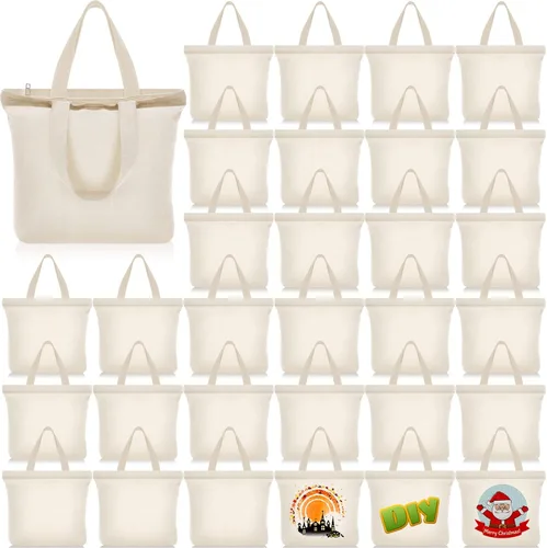 Vista 16 de Silkfly 20 Bolsas de Lona a Granel de 16.5x13.4'' Bolsas de Lona de Algodón en Blanco con Asas y Cremallera Reutilizables Lisas para Comestibles