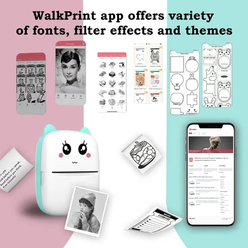 Vista 6 de Mini impresora de calcomanías con 11 rollos de papel, recibo de bolsillo térmico sin tinta para iOS iPhone y Android, Bluetooth portátil