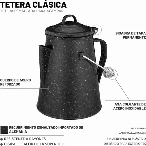 Vista 2 de COLETTI Hervidor clásico de camping de 60 onzas, tetera de té y campamento, sin aluminio ni plástico, ideal para hervir agua [esmalte negro]