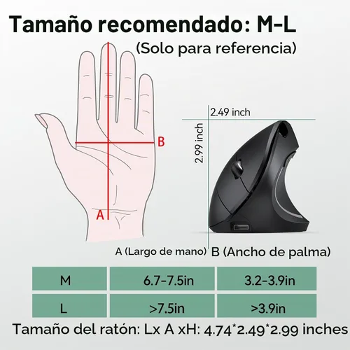 Vista 7 de TECKNET Ratón ergonómico inalámbrico, ratón Ergo vertical recargable Ratón óptico silencioso de 2.4 GHz, con 5 DPI ajustables (800-4800), mouse