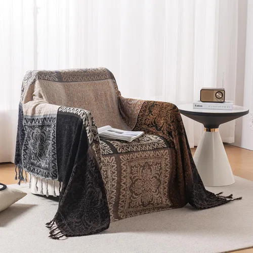 Vista 2 de Manta Boho, Manta de Chenilla Jacquard con Borlas para Cama Sofá Silla Suave, Borlas con Flecos Bohemias (Negro, S:60x75)