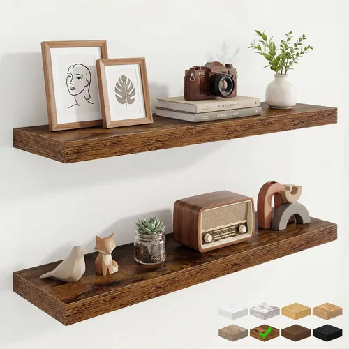 Vista 65 de Marsmiles 12in Depth Floating Shelves, 12x12x1.4, Rustic Brown, Set of 3 Marrón rústico