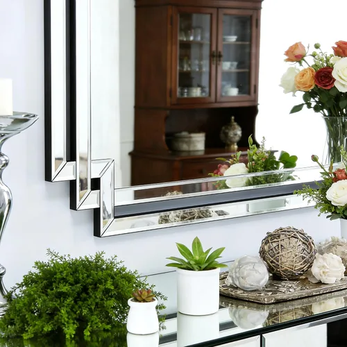 Vista 3 de Espejo decorativo para decoración de pared, elegante espejo de sala de estar de 24 x 36 pulgadas con piezas de vidrio y borde biselado, moderno