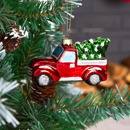 Vista 7 de Joiedomi Adornos Navideños Mini de Camión Rojo con Árbol, Adorno Pequeño y Divertido de Vidrio Soplado para Colgar en Árbol de Navidad, Decoraciones