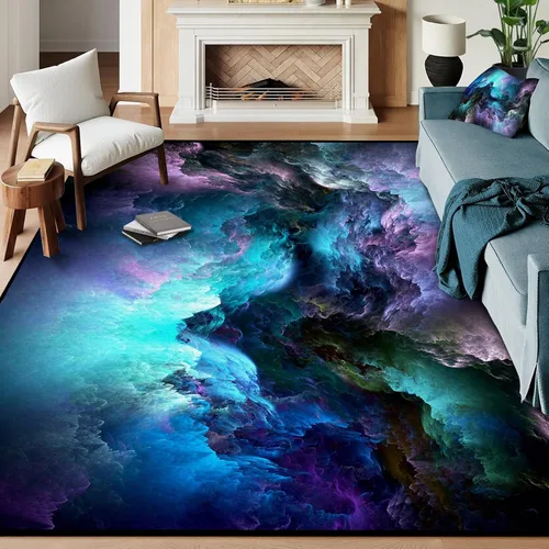 Vista 10 de Alfombra galaxia de 2 x 3 pies para habitación de niños, alfombra de cielo estrellado de pelo bajo, antideslizante, lavable, alfombra nebulosa