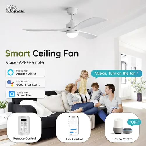 Vista 2 de Sofucor Ventilador de techo inteligente de 52" con luces y control remoto Todo blanco