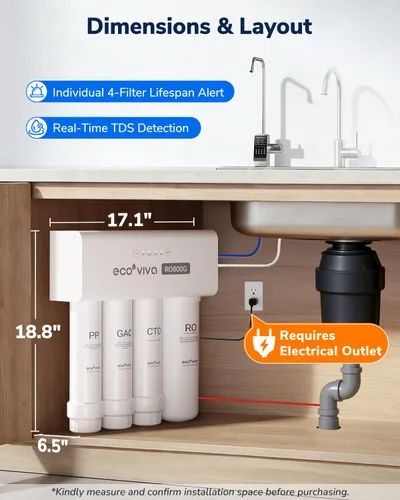 Vista 8 de Ecoviva Sistema de ósmosis inversa para debajo del fregadero 800GPD, diseño alemán con NSF/ANSI 58 61 372 sin tanque 3:1 puro para drenar 9 etapas