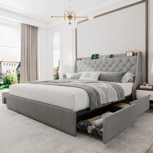 Vista 15 de Einhomn Base de cama tapizada de tamaño completo con 4 cajones de almacenamiento, cama de plataforma con cabecera con respaldo de ala, estación