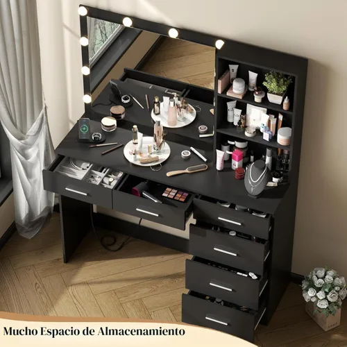 Vista 3 de Loomie Escritorio de tocador con espejo iluminado y toma de corriente, mesa de tocador de maquillaje con 6 cajones, estante de 3 niveles, cómoda