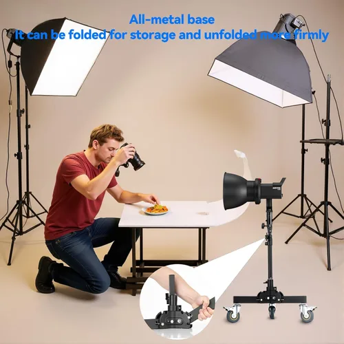 Vista 6 de AMBITFUL Soporte de luz resistente con ruedas, soporte de trípode de fotografía de 21 a 31.9 pulgadas con diseño plegable de altura ajustable y 3