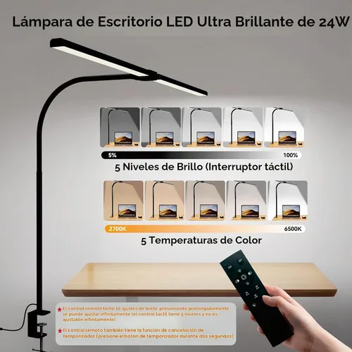 Vista 2 de Lámpara de escritorio LED para oficina en casa, luz de escritorio de arquitecto con abrazadera, 50 modelos de iluminación, control remoto y táctil