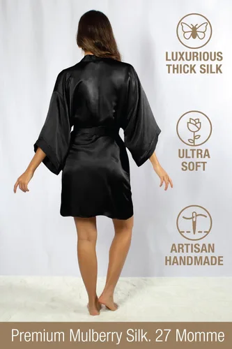 Vista 3 de Tara Sartoria Luxury Artisan Silk Kimono Robe for Women, Short, Washable, XS–4XL, Oprah Daily 2025 Negro