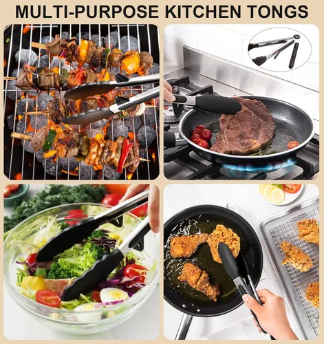 Vista 4 de Juego de 4 espátulas de silicona flexible y pinzas para alimentos de cocina con puntas de silicona, resistente al calor de 600 °F, ideal