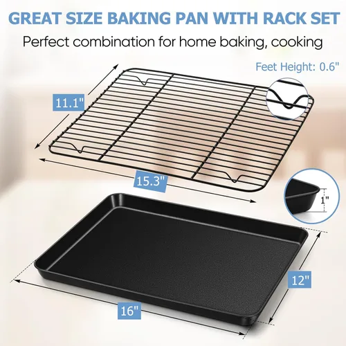 Vista 2 de TeamFar Juego de 4 bandejas para hornear con estante, 16 x 12 x 1 pulgadas, bandeja antiadherente para hornear galletas con estante de enfriamiento