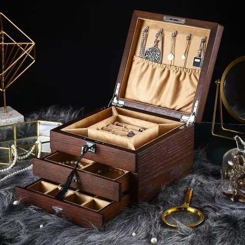 Vista 5 de TITISKIN Joyero de madera extra grande, caja de almacenamiento de joyas de 3 capas, joyero para mujer