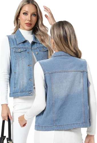 Vista 17 de Xeoxarel Chaleco de mezclilla para mujer, chaqueta vaquera sin mangas (XS-XXL)
