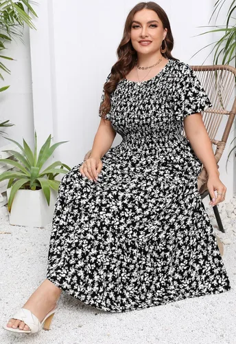 Vista 3 de Younrui Vestido largo escalonado fruncido para mujer, talla grande, con bolsillos, elegante, manga corta, cuello redondo, floral, bohemio, vestido