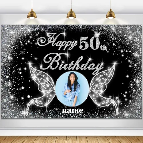 Vista 36 de Cartel personalizado de decoración de fiesta de cumpleaños número 100 - tema de alas de ángel - negro y plateado HY-NLK-100º
