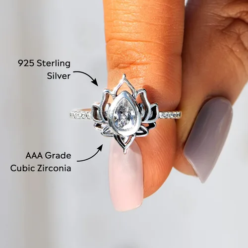 Vista 5 de STORYJEWELLERY Anillo de promesa de loto para mujer, anillo de flor de loto plateado, anillo delicado para niñas, regalos de joyería para mujeres