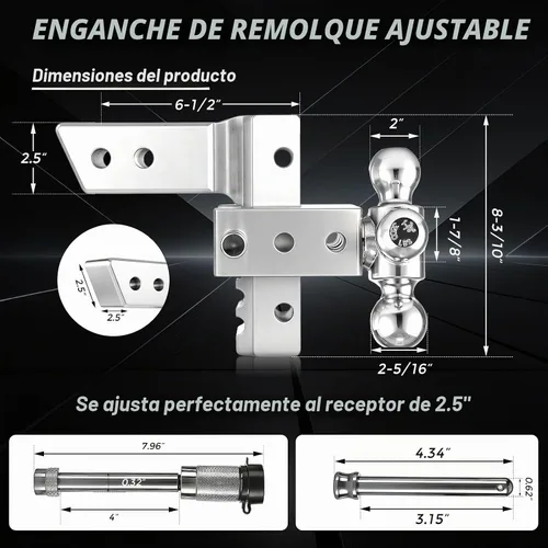 Vista 3 de Enganche de remolque ajustable de 2.5 pulgadas, montaje de bola de trío de Plateado