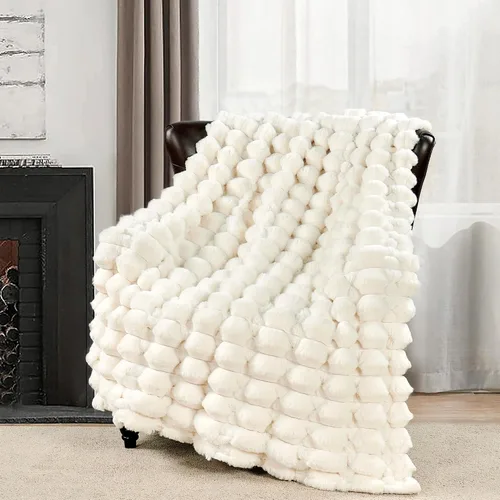Vista 10 de Manta blanca de piel sintética gruesa de lujo, 750 GSM, manta mullida de felpa suave y cálida de 50 x 60 pulgadas, manta reversible de doble capa
