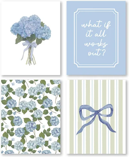 Vista 7 de Pleonox Juego de 4 impresiones artísticas florales de hortensias con lazo azul coqueta verde salvia de 8 x 10 pulgadas, con texto en inglés «How