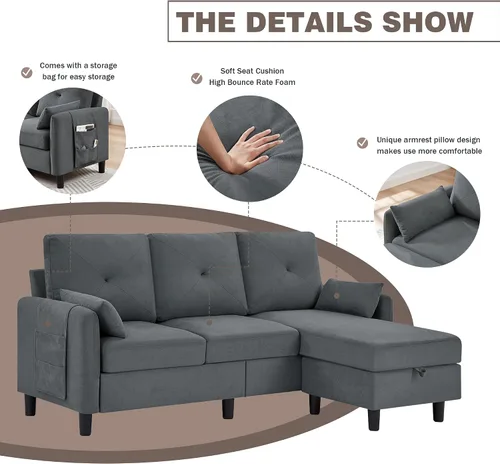Vista 5 de Sofá modular convertible, sofá pequeño de 3 plazas en forma de L de 77 pulgadas con diván de almacenamiento reversible, sofá moderno de tela de Gris