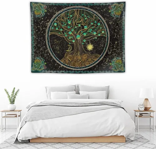 Vista 4 de Naykow Árbol de la vida, bohemio, sol, luna, naturaleza, lindo tapiz verde para pared, mandala espiritual, chakras, grunge, tapices para colgar