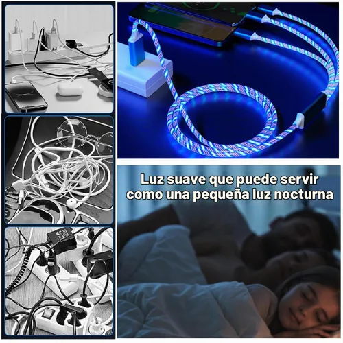 Vista 4 de Cable de carga 3 en 1, cable de carga LED múltiple, cable de carga iluminado, cable USB 3A, compatible con la mayoría de teléfonos inteligentes Azul