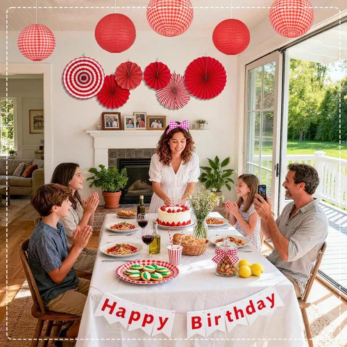 Vista 8 de Decoraciones de fiesta de cuadros rojos, 15 linternas de papel colgantes