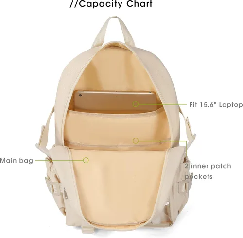 Vista 5 de Mochila Kawaii para niñas, bonita mochila estética para la escuela, mochila Kawaii con accesorios y colgante, Beige, Mochilas Tradicionales