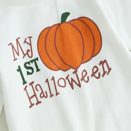 Vista 6 de Ynibbim Mameluco de Halloween para bebé niño con estampado de calabaza a cuadros de manga larga y gorro conjunto para bebé