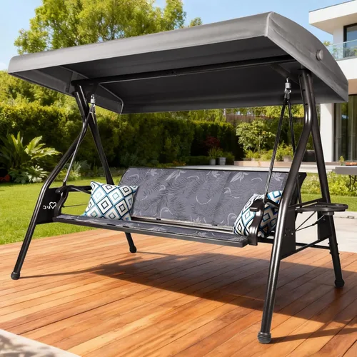 Vista 9 de ZZW Columpio de Patio para 3 Personas Columpio Exterior para Adultos con Toldo Ajustable y Portavasos Mejorados Tela Textilene Silla Columpio de Gris