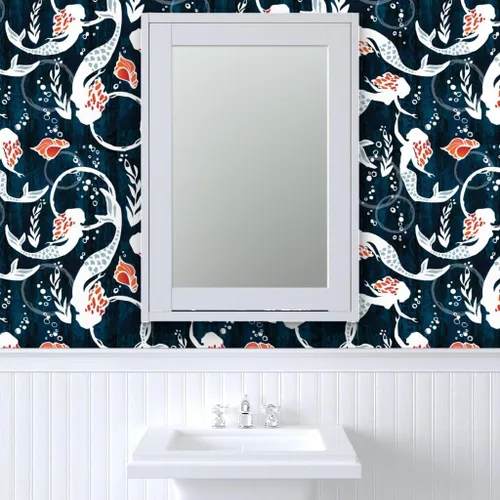 Vista 9 de Papel tapiz para despegar y pegar – Acuarela Sirena Natación Azul Marino Algas Coral Sirena Papel pintado extraíble personalizado por Spoonflower
