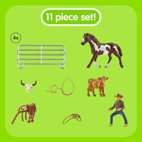 Vista 2 de Schleich Farm World, juguetes de rodeo para niños, juego de lazo con vaquero, vaca y juguete de caballo, set de 11 piezas, para niños de 3 años