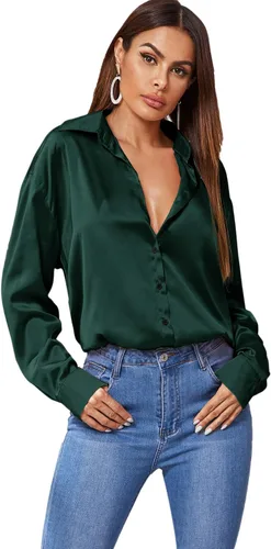 Vista 3 de MakeMeChic Blusa de manga larga de seda satinada para mujer, blusa casual con botones