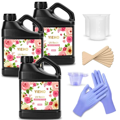 Vista 7 de YIEHO Kit de resina UV de 10.58 oz con luz y moldes, kit de fabricación de joyas de resina premezclada endurecida transparente mejorada