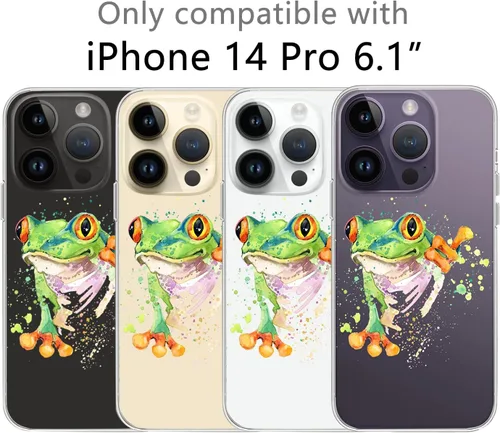 Vista 5 de Funda compatible con iPhone 14 Pro de 6.1 pulgadas, funda transparente con divertido diseño de rana de acuarela para mujeres y niñas, transparente a