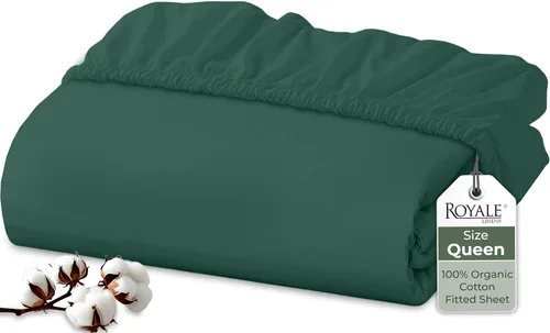 Vista 22 de Royale Linens Sábana bajera ajustable de 100% algodón orgánico - Tejido de percal - Sábanas bajeras de bolsillo profundo súper suaves - Sábana
