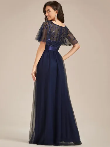 Vista 2 de Ever-Pretty Vestido de fiesta de noche con cuello redondo y mangas con volantes y lentejuelas bordadas para mujer 0904-USA