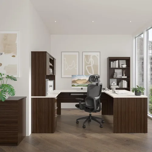 Vista 2 de Bestar, Colección Ridgeley, juego de 3 piezas que incluye un escritorio en forma de U con gabinete, un archivador lateral y una estantería