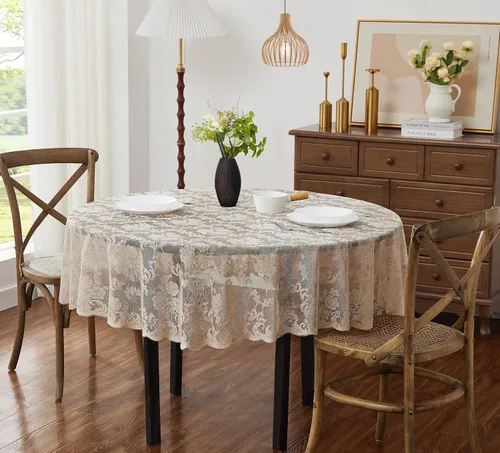 Vista 6 de ASATEX Camino de mesa de encaje de lino dorado de 14 x 36 pulgadas con 2 borlas. El patrón floral clásico y elegante es la opción ideal