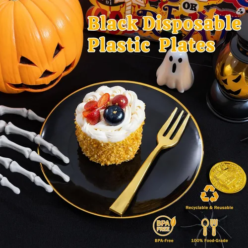 Vista 4 de Festiva 200 Piezas Platos de Postre Negro y Dorado de 6.3" con Tenedores de Plástico de 5"- Platos Desechables Pequeños- Platos de Plástico
