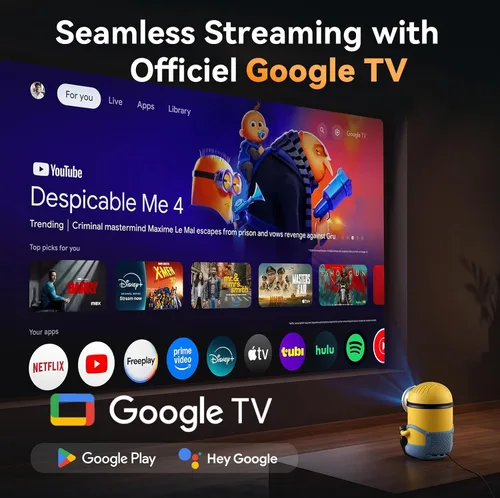 Vista 2 de [Office Google TV] Proyector, 500 lúmenes ISO, nativo 1080P, soporte 4K, enfoque automático y Keystone, duplicación WiFi y Bluetooth de 2 vías
