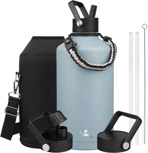 Vista 20 de Konokyo - Botella de agua aislada de 18 onzas, botellas deportivas de acero inoxidable con 3 tapas, verde militar