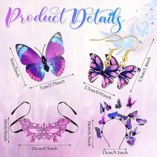 Vista 3 de Janmercy 12 piezas de disfraz de alas de mariposa de Halloween para mujeres adultas, incluye mariposa, chal de hada, aretes, diadema, 8 pinzas